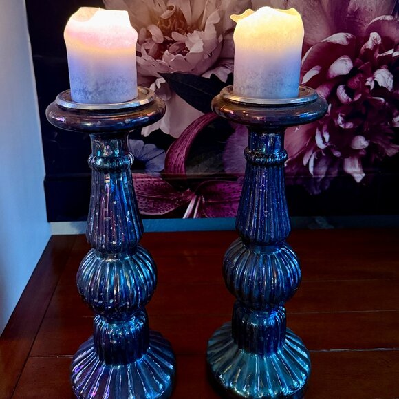 Other - A Pair of Beautiful PILLAR BLUE GLASS CANDLE HOLDERS  2-PC